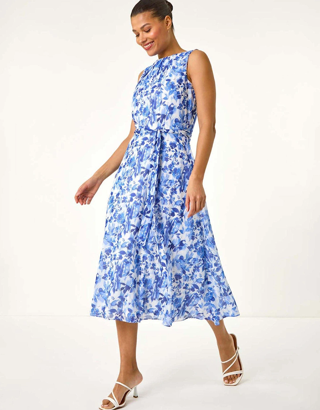 Floral Print Pleat Neck Midi Dress - Blue, 2 of 1