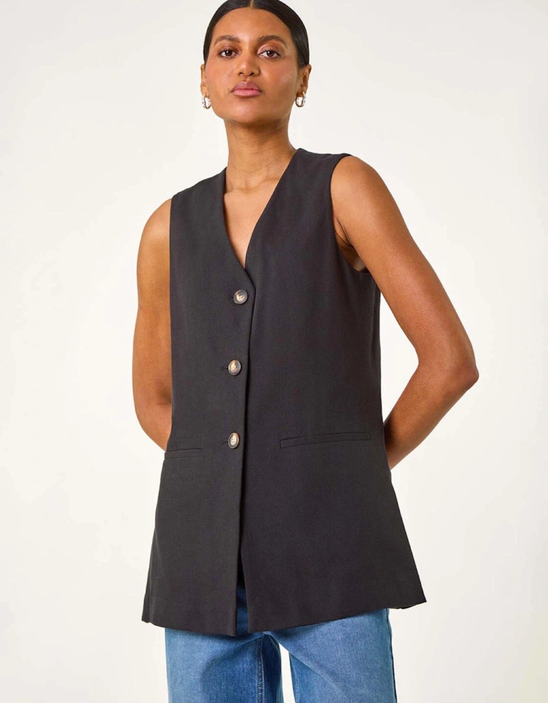 Longline Button Waistcoat Jacket - Black