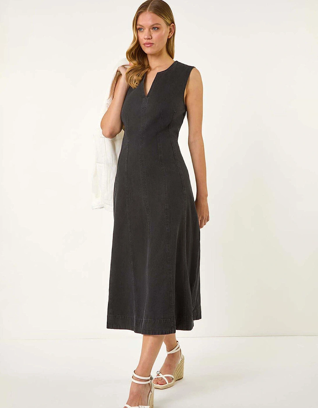 Denim Panel Detail Midi Dress - Black, 2 of 1