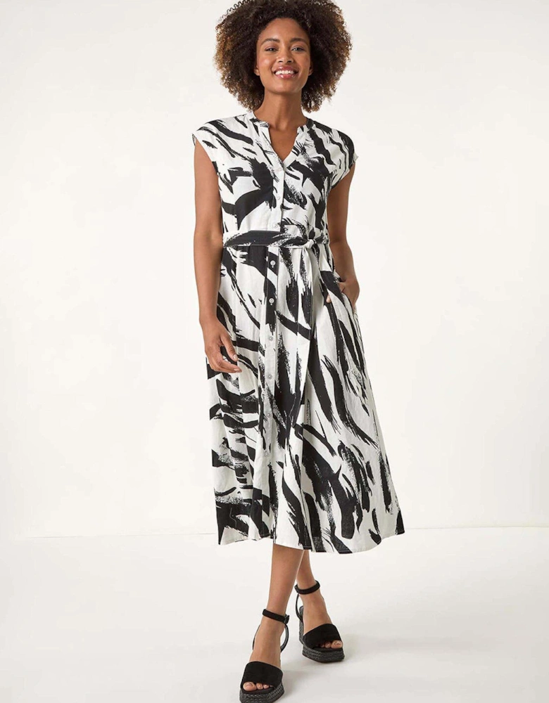 Brushstroke Linen Mix Midi Dress - Black