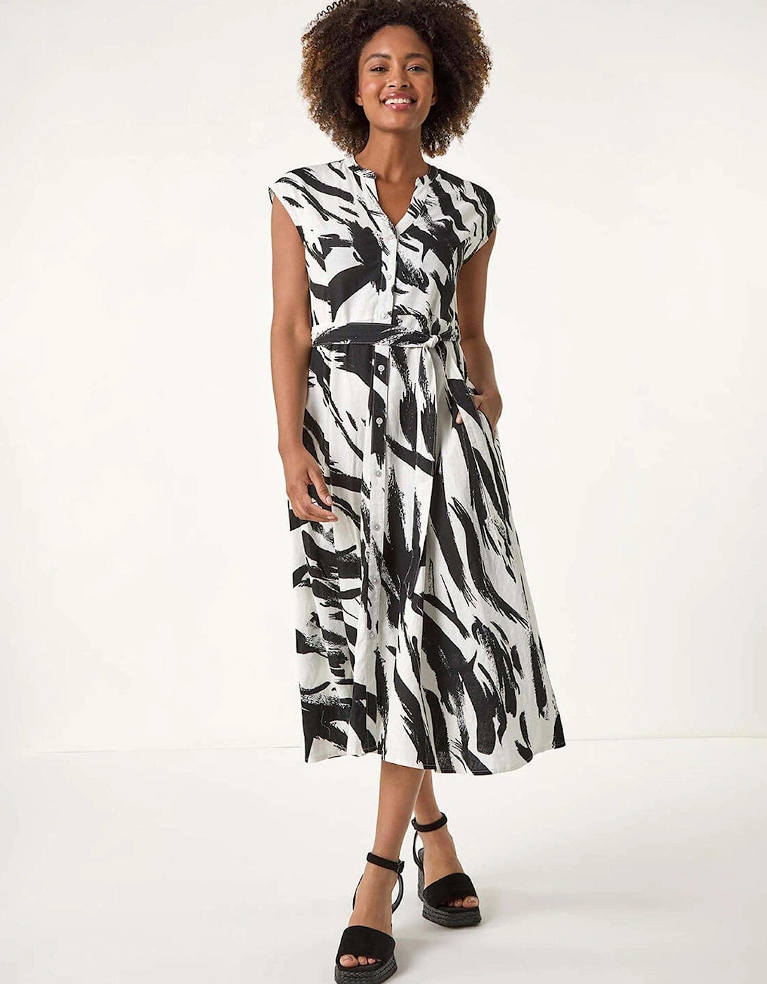 Brushstroke Linen Mix Midi Dress - Black, 2 of 1