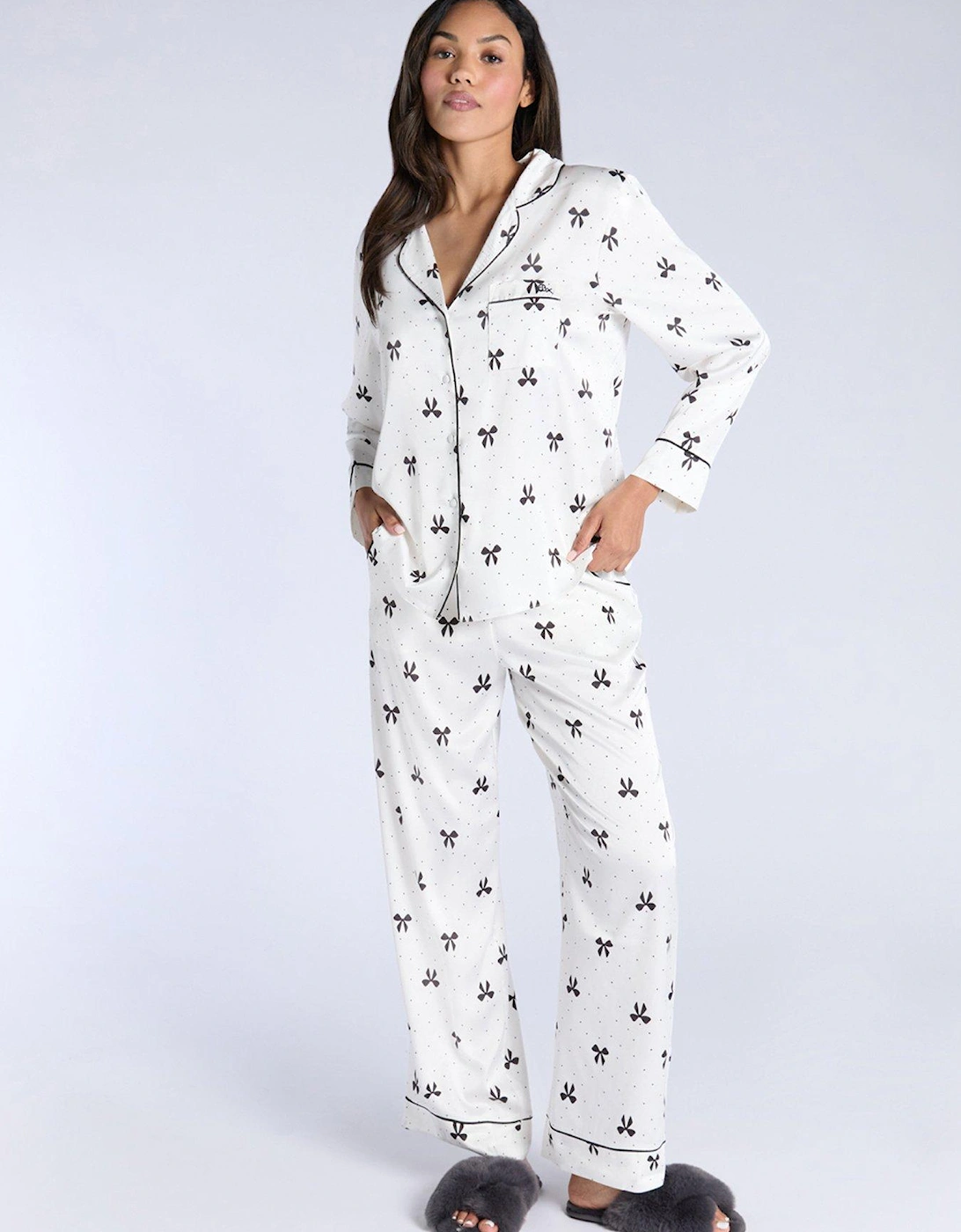 Luxe Satin Bow Print Long Sleeve Revere Pj Set - Oyster, 2 of 1