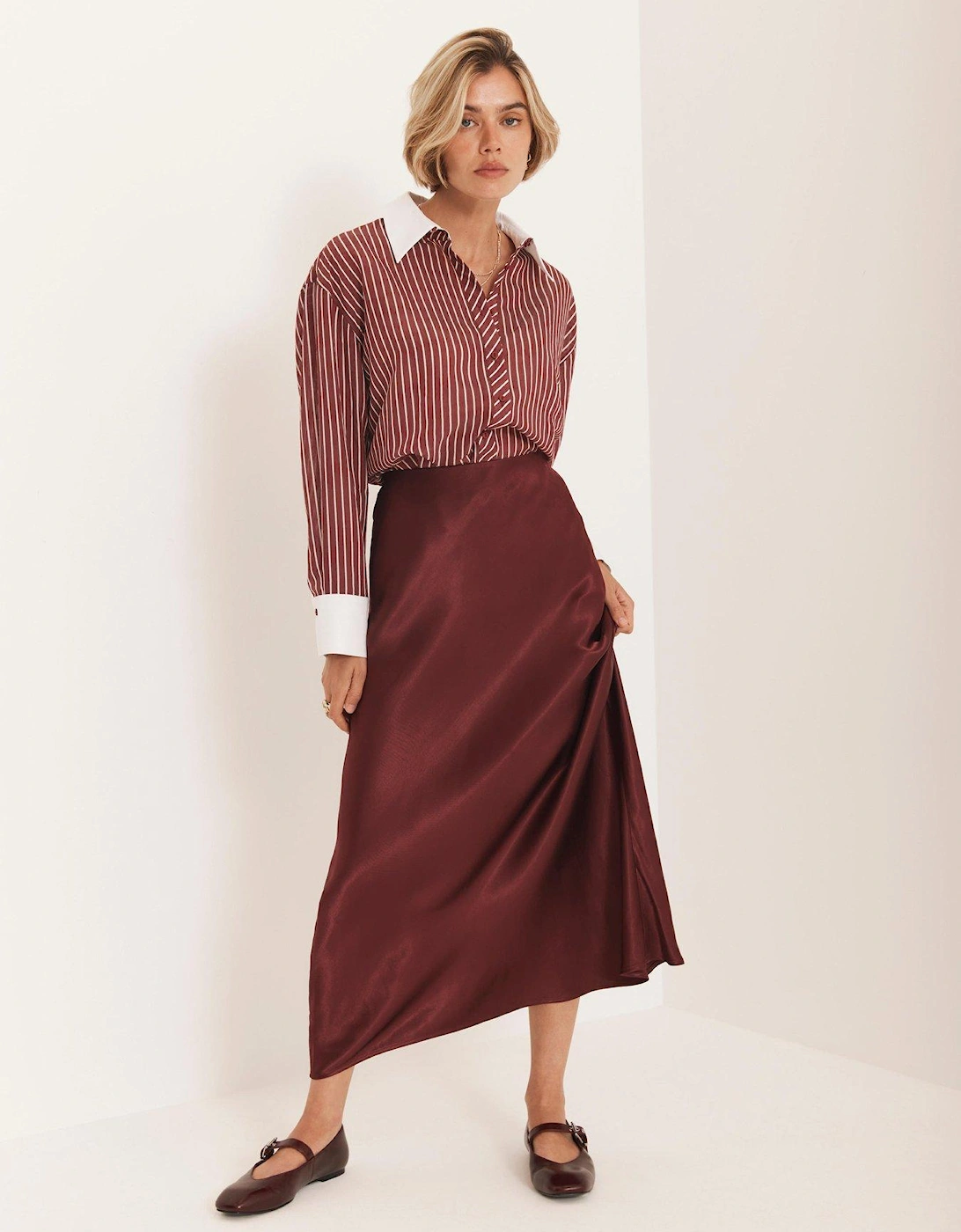 Burgundy Satin Slip Midi Skirt, 2 of 1