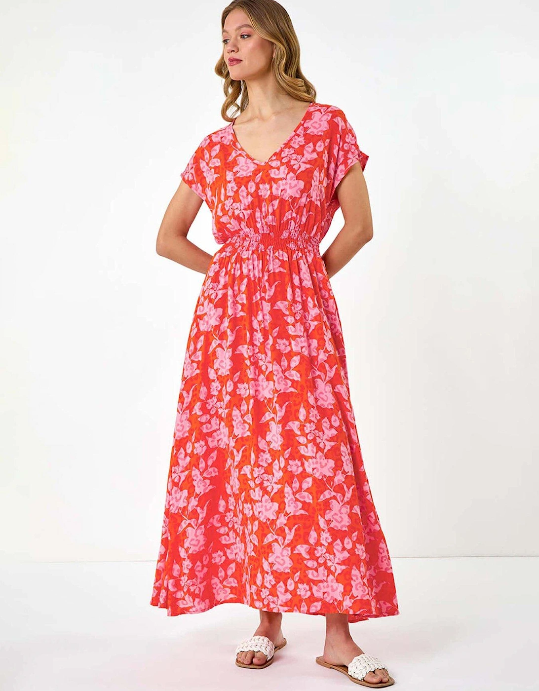Floral Print Shirred Maxi Dress - Orange, 2 of 1