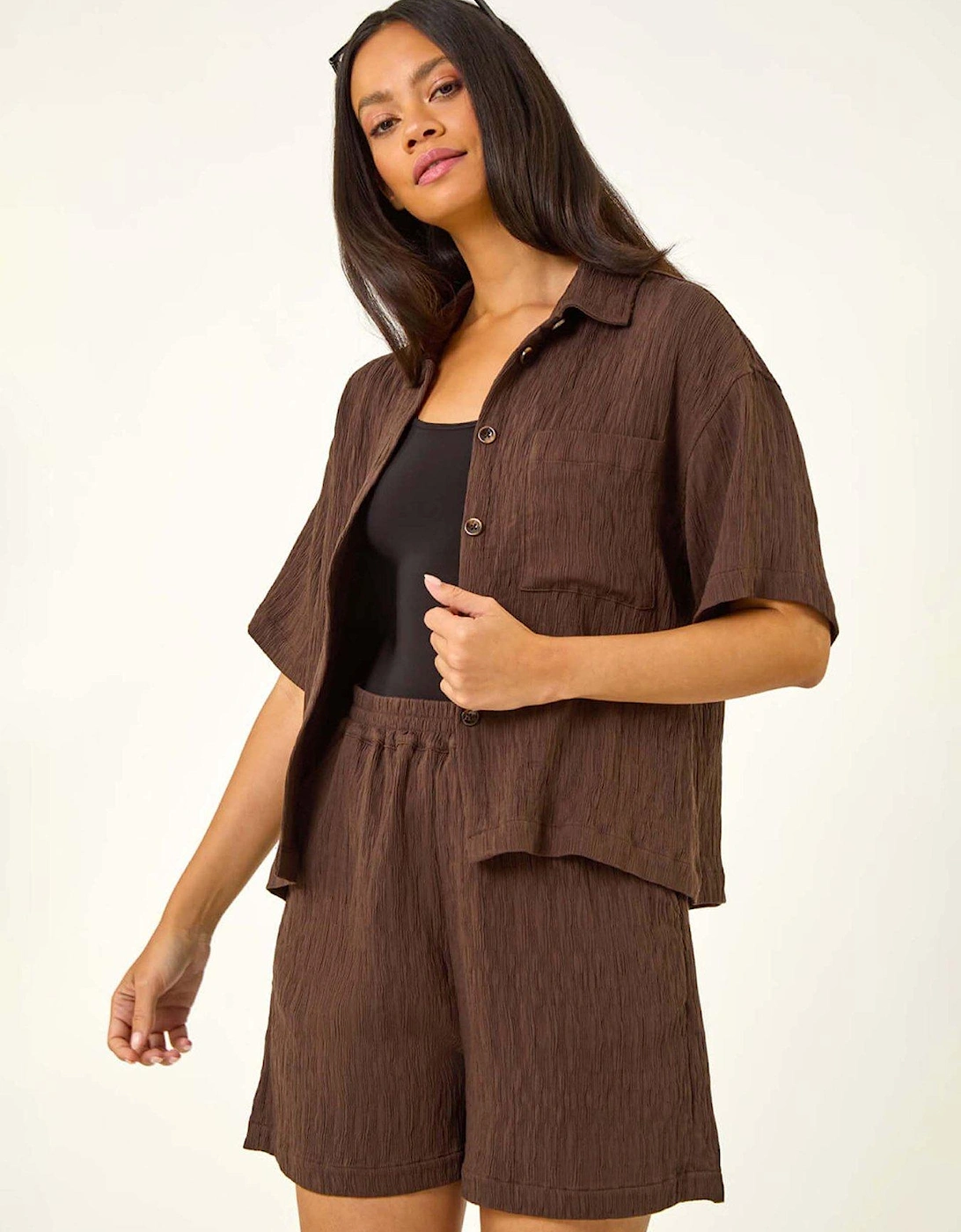 Dusk Textured Buttoned Blouse - Brown, 2 of 1