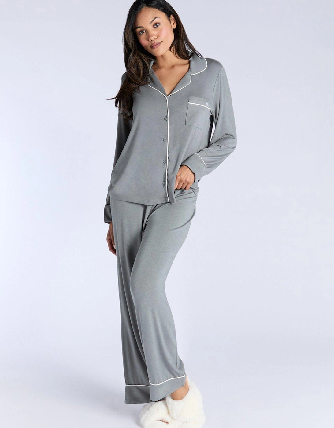 Modal Long Sleeve Revere & Pant Set - Khaki, 2 of 1