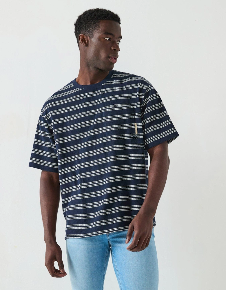 Short Sleeve Stripe Jacquard Relaxed Fit Pocket T-Shirt - Navy