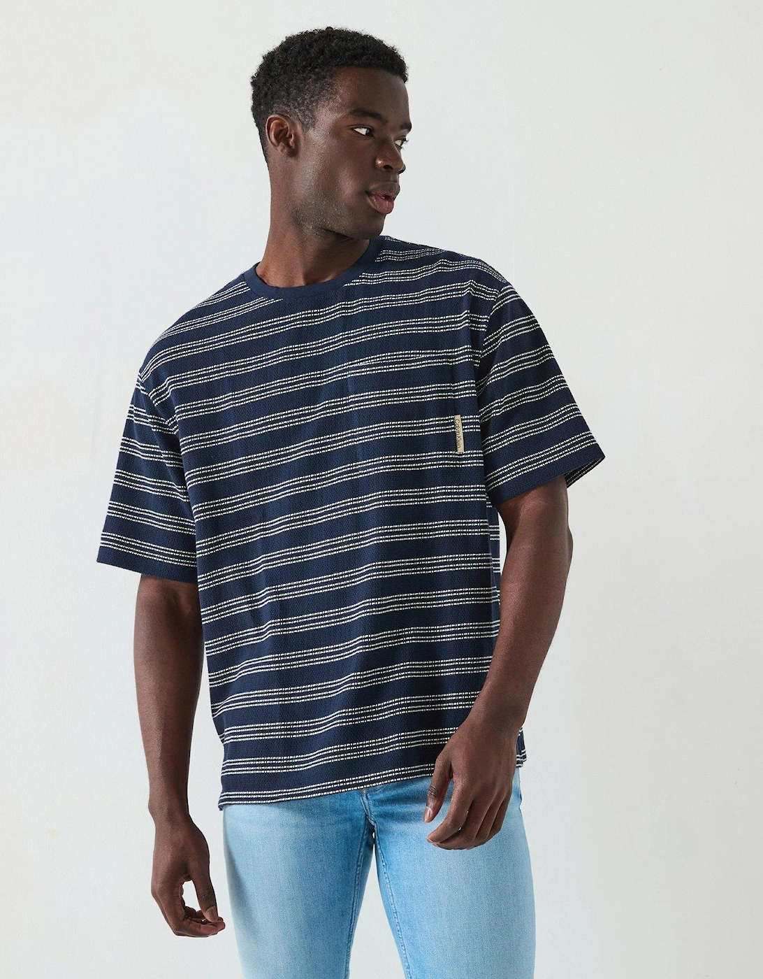 Short Sleeve Stripe Jacquard Relaxed Fit Pocket T-Shirt - Navy, 2 of 1
