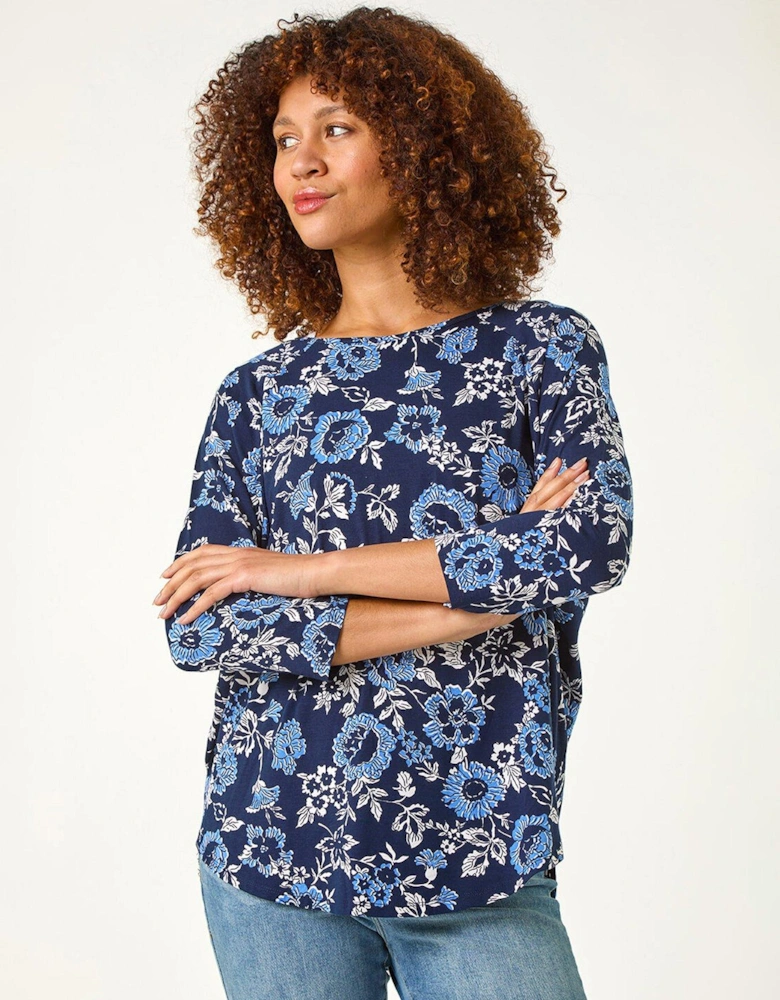 Floral Print Jersey Top - Navy