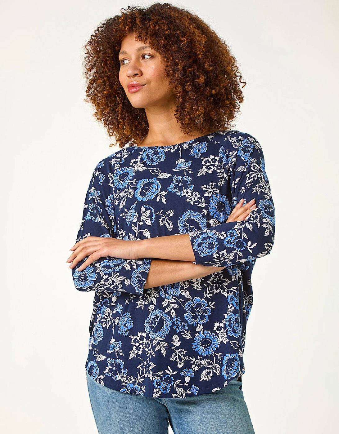 Floral Print Jersey Top - Navy, 2 of 1