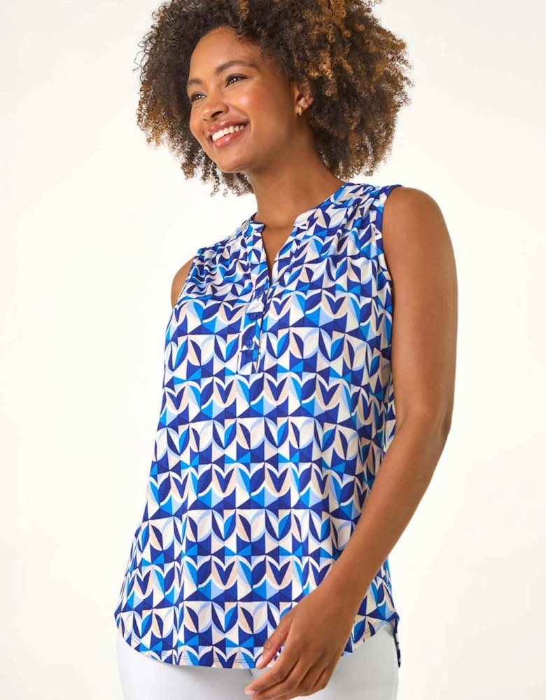 Geometric Gathered Vest Top - Blue