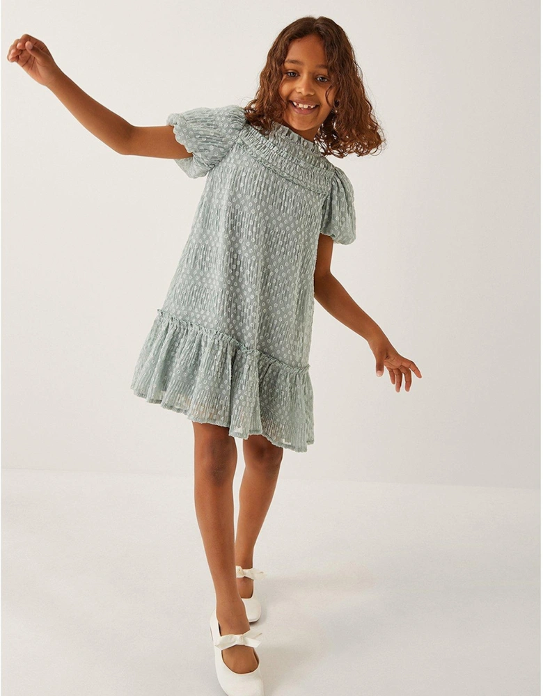 Girls Dobby Textured Dress - Green