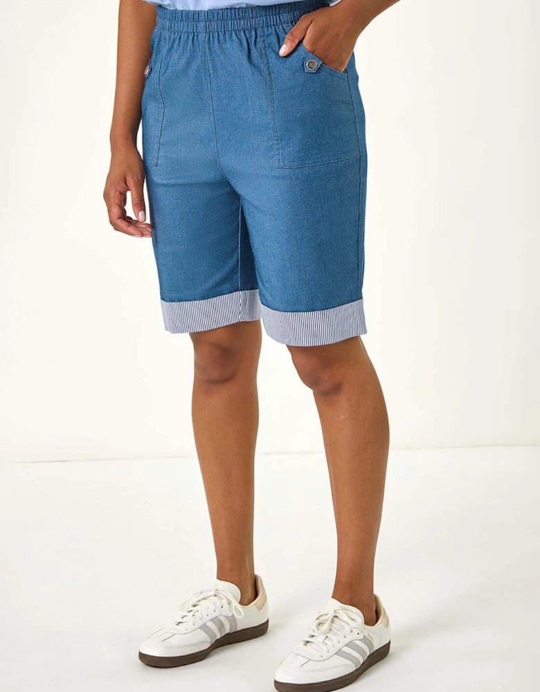 Bengaline Turn Up Stripe Stretch Shorts - Denim