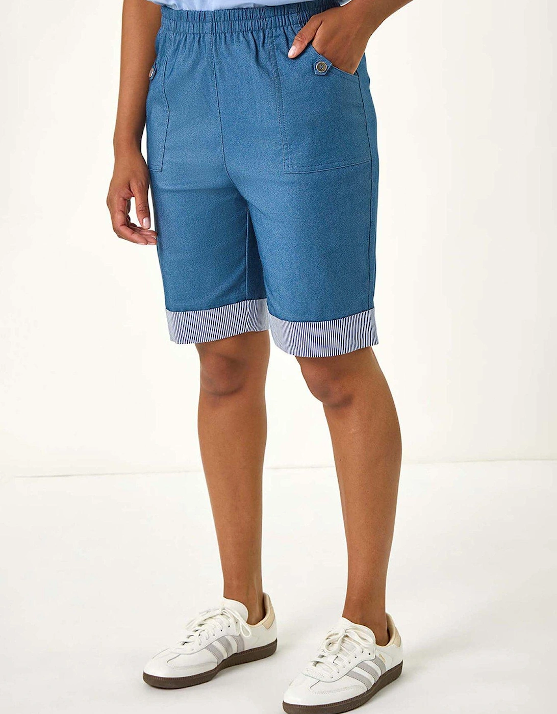 Bengaline Turn Up Stripe Stretch Shorts - Denim, 2 of 1