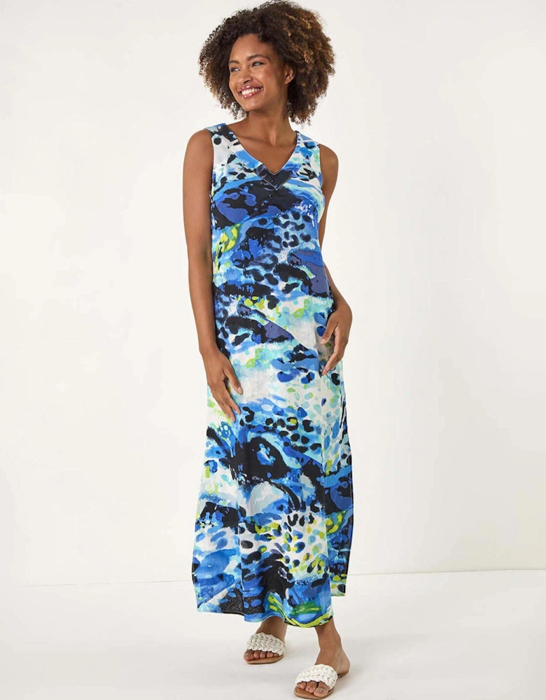 Abstract Linen Mix Midi Dress - Blue