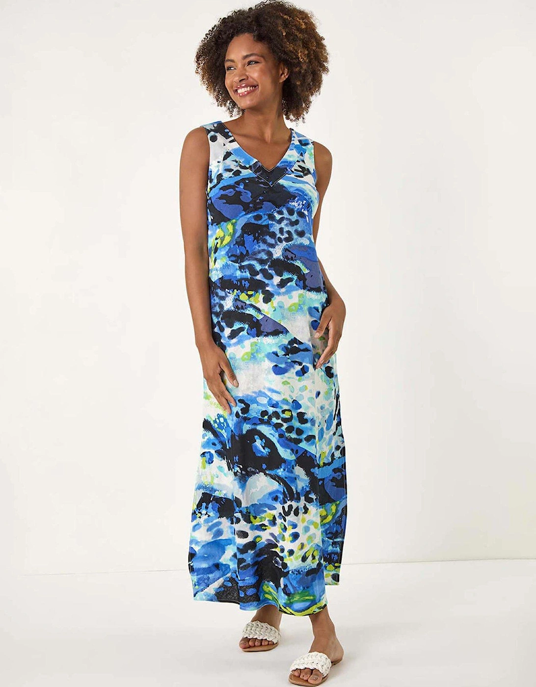 Abstract Linen Mix Midi Dress - Blue, 2 of 1