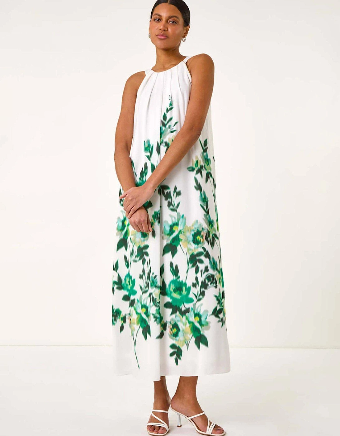 Floral Print Halter Neck Midi Dress - Green, 2 of 1