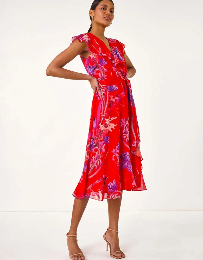 Floral Print Ruffle Wrap Front Midi Dress - Red