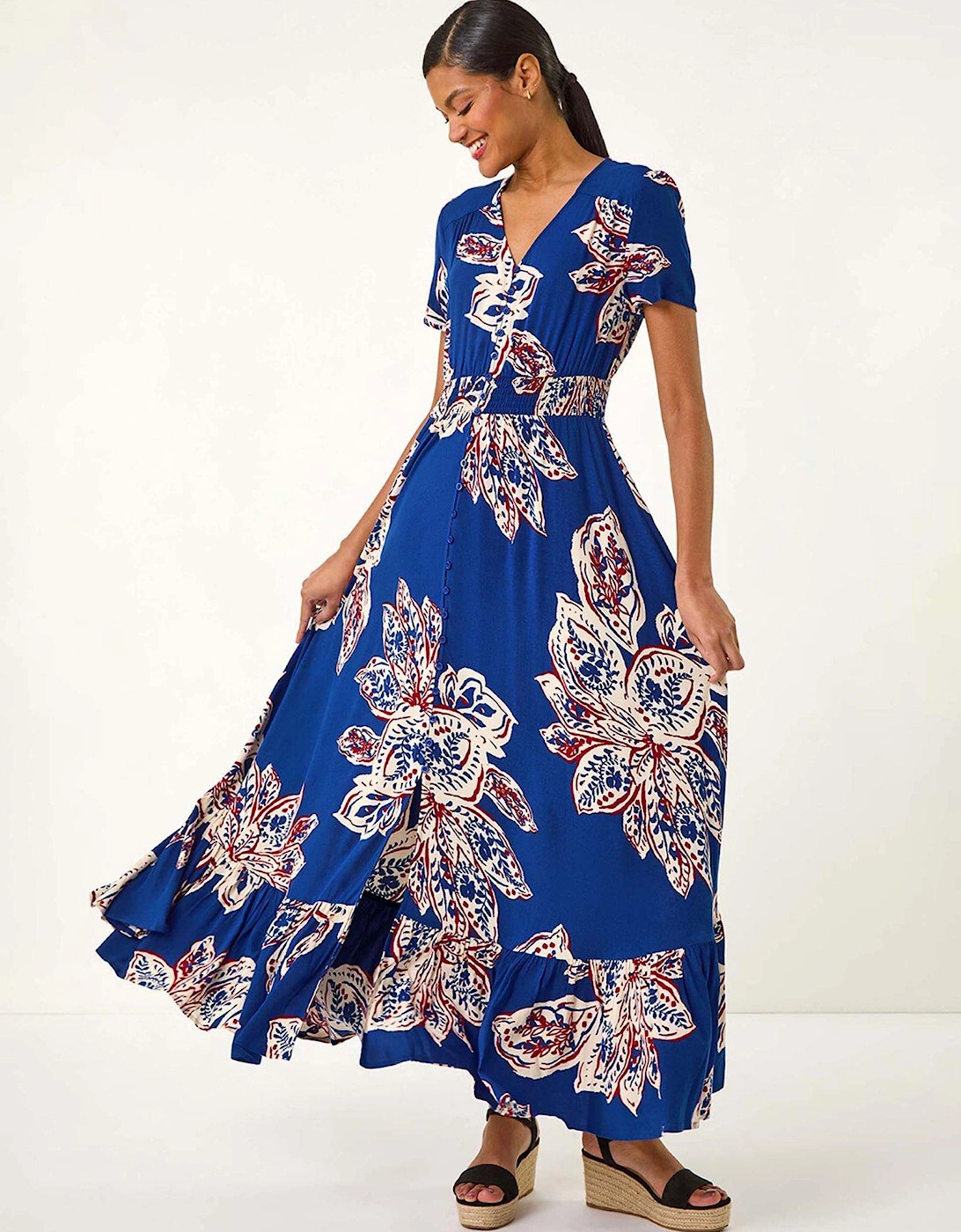 Leaf Print Shirred Maxi Dress - Blue, 2 of 1