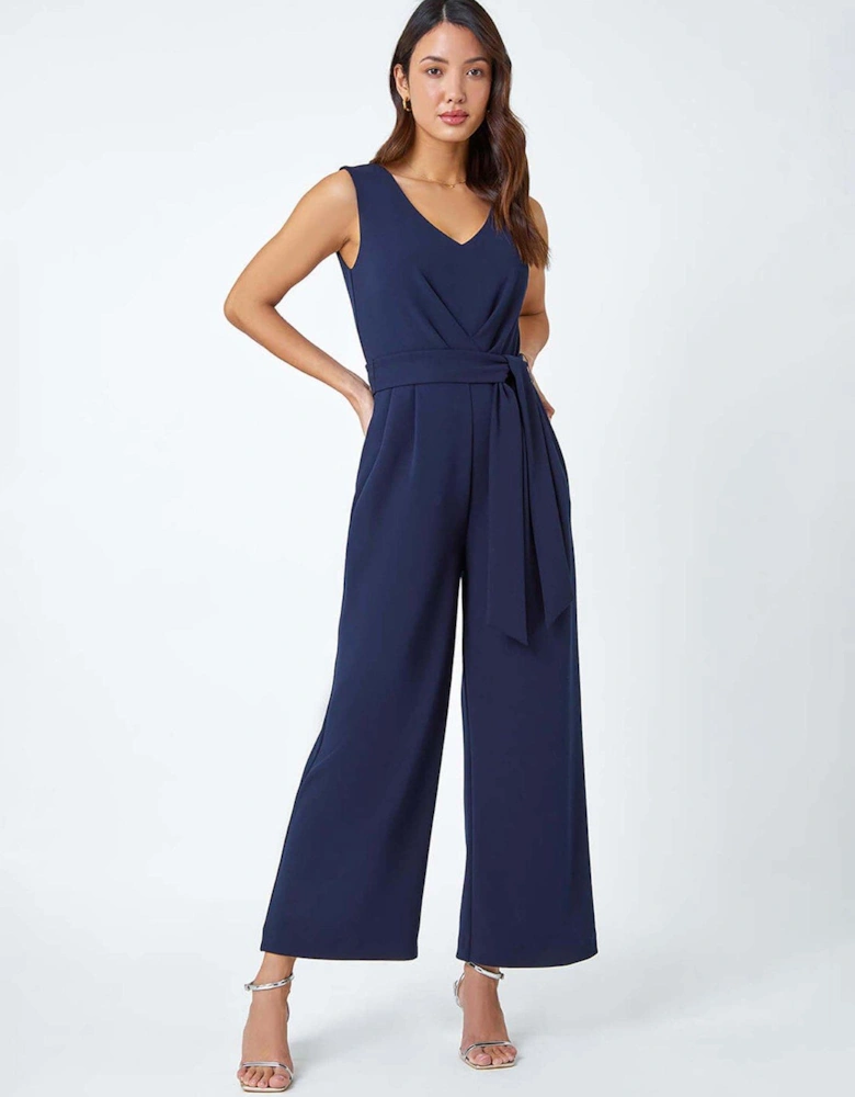 Pleat Detail Wide Leg Stretch Jumpsuit - Navy