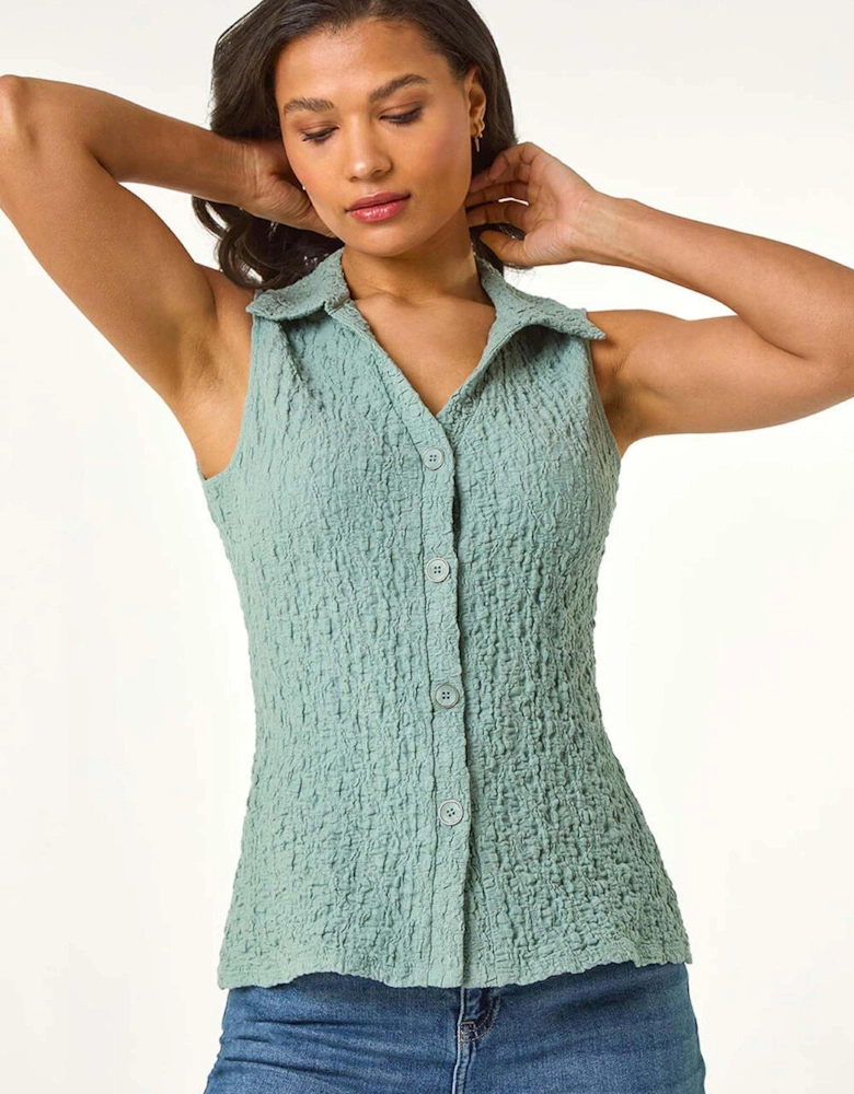 Textured Sleeveless Buttoned Blouse - Sage