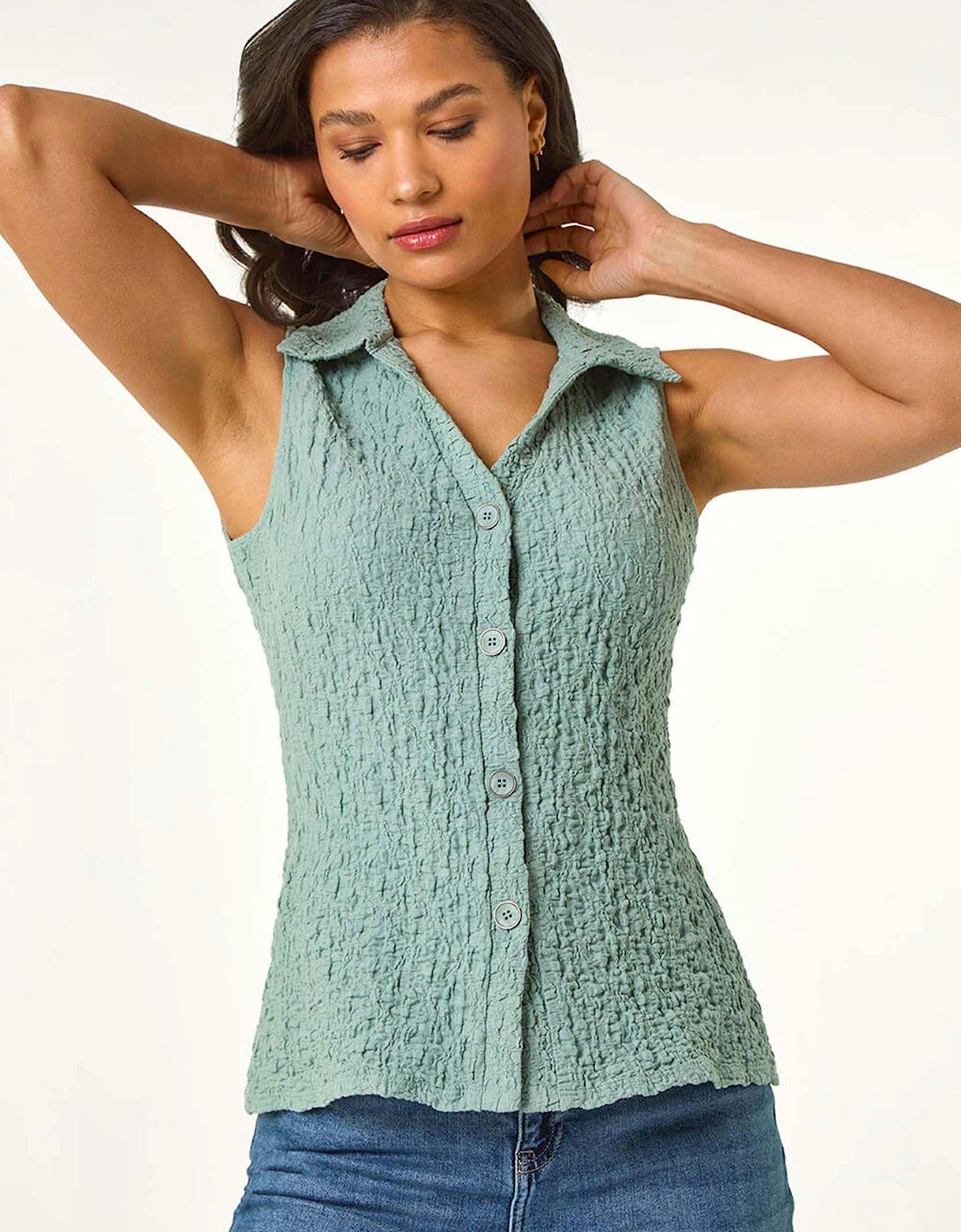 Textured Sleeveless Buttoned Blouse - Sage, 2 of 1