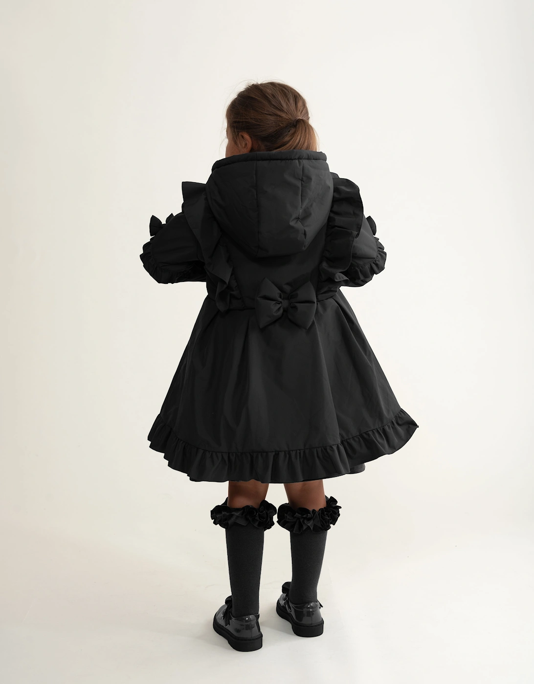 Girls Black Padded Frill Coat, 5 of 4