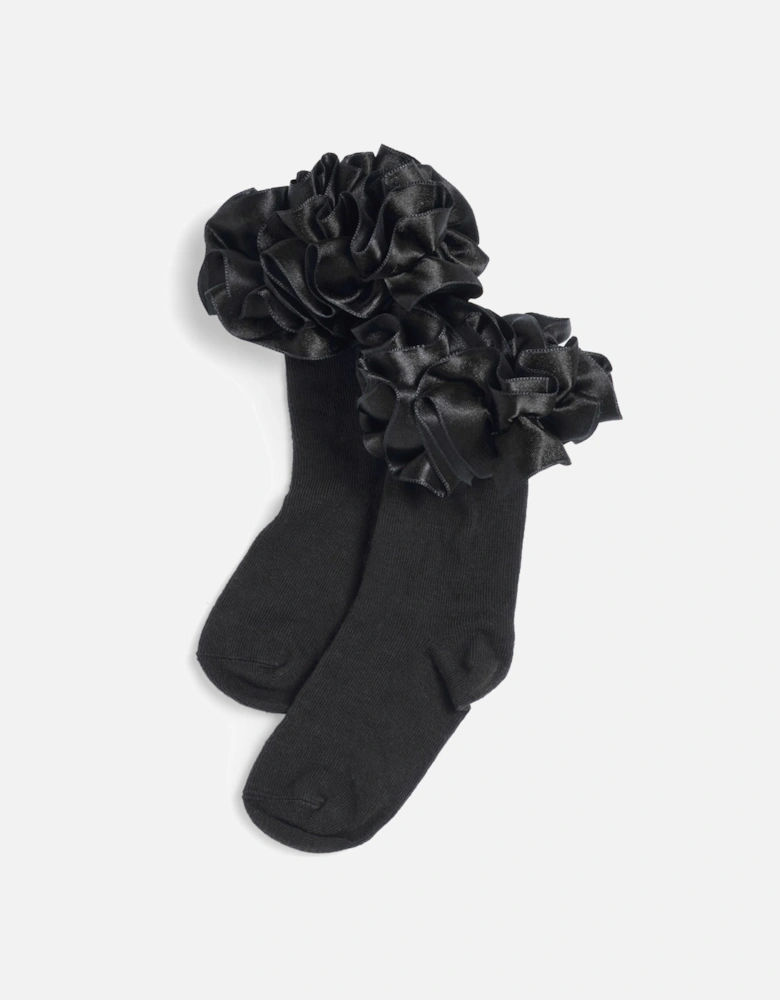 Girls Black Ribbon Frill Ankle Socks