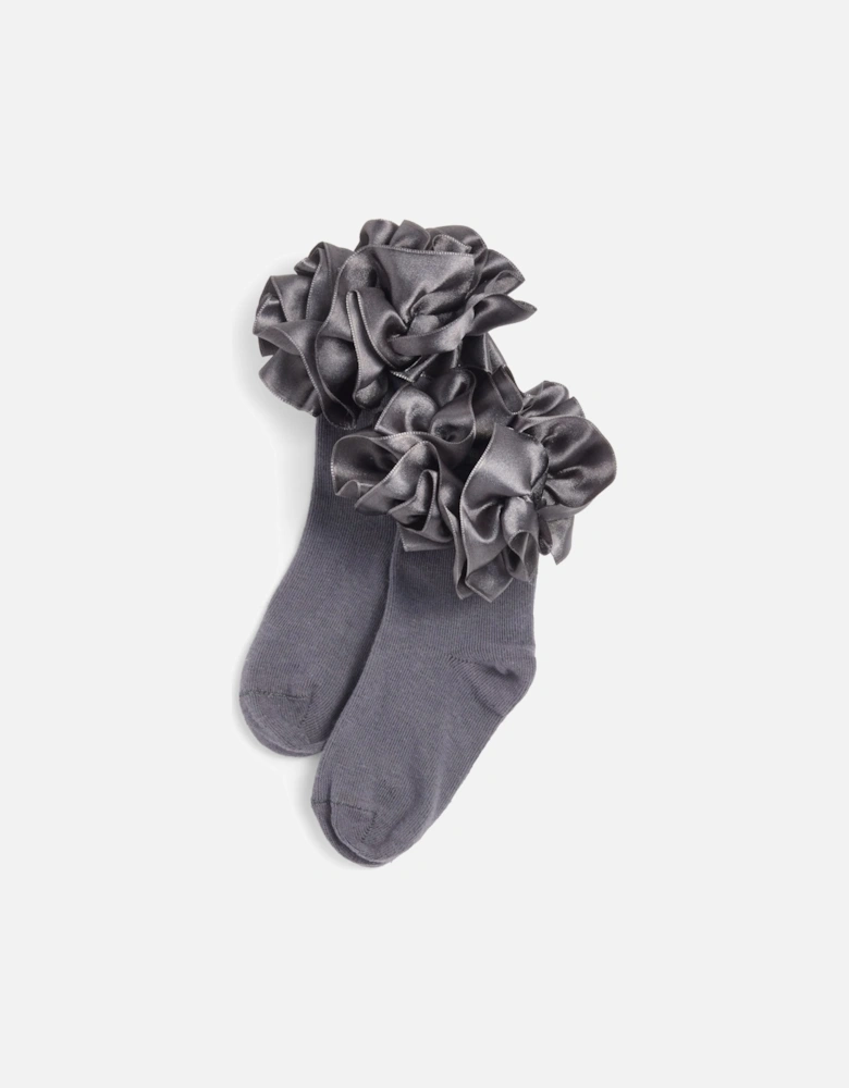 Girls Grey Ribbon Frill Ankle Socks