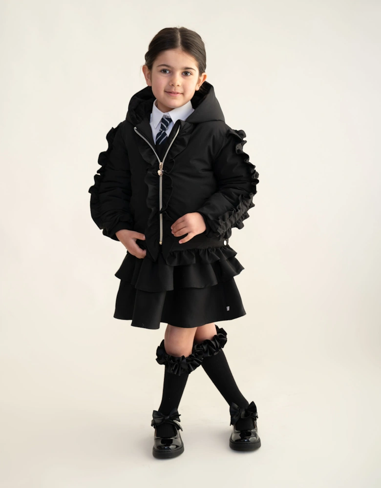 Girls Black Padded Frill Bomber Coat