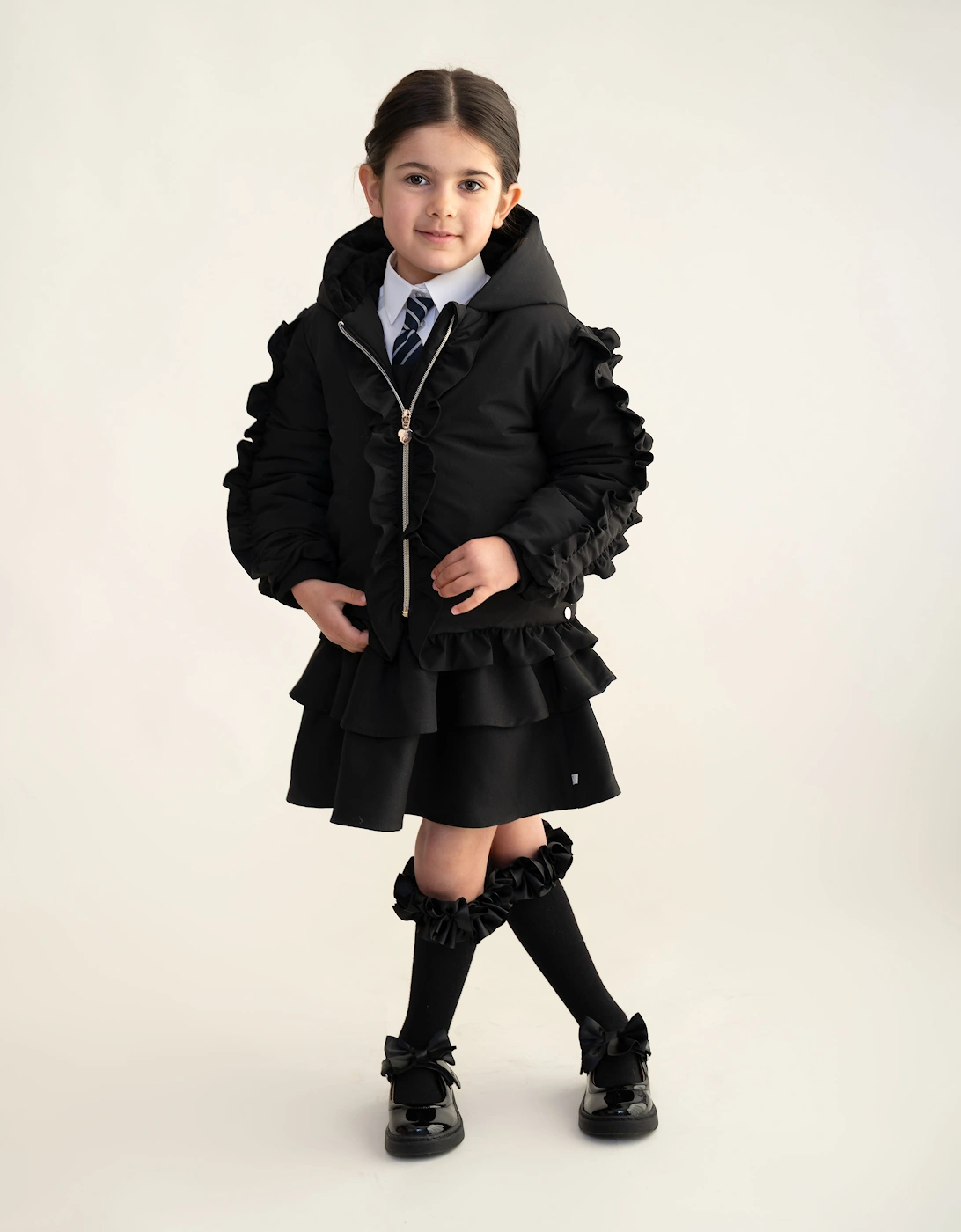 Girls Black Padded Frill Bomber Coat, 7 of 6