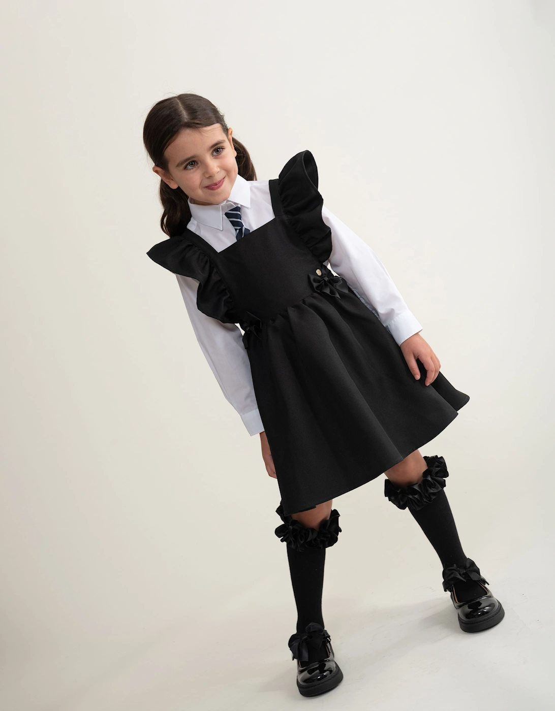 Girls Black Bow Pinafore Dress, 5 of 4