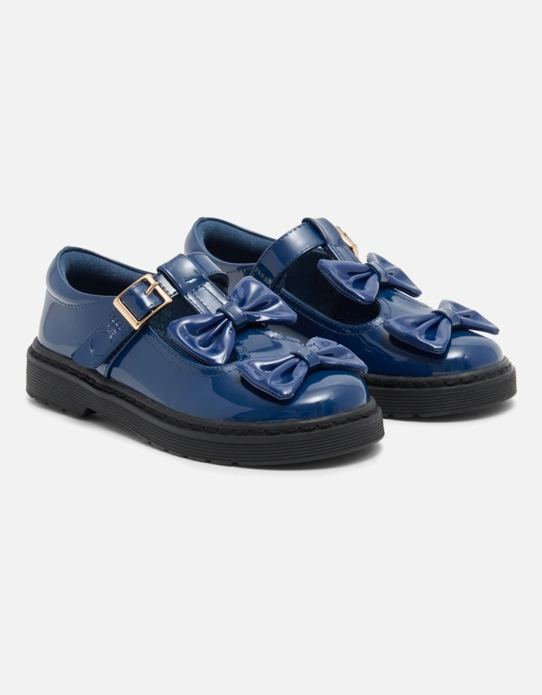 Girls Navy Patent T-Bar Bow Shoes
