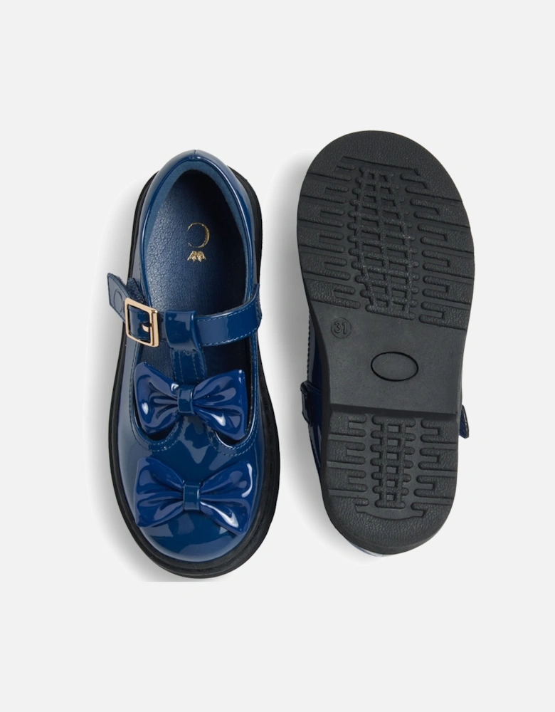 Girls Navy Patent T-Bar Bow Shoes