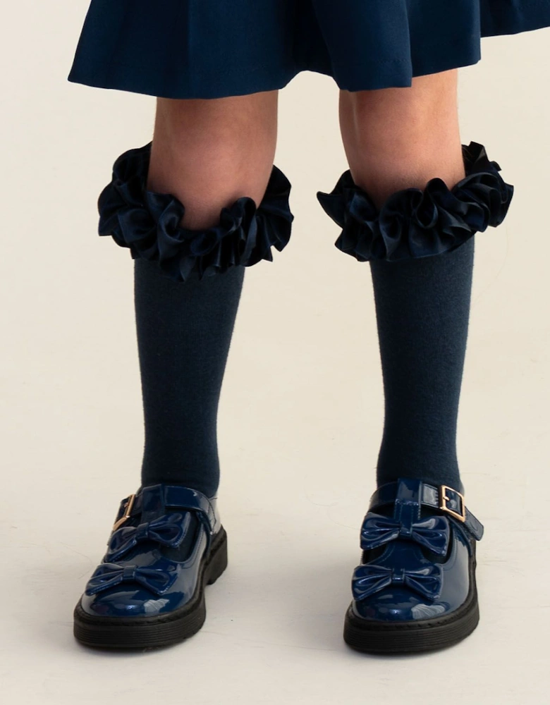 Girls Navy Patent T-Bar Bow Shoes