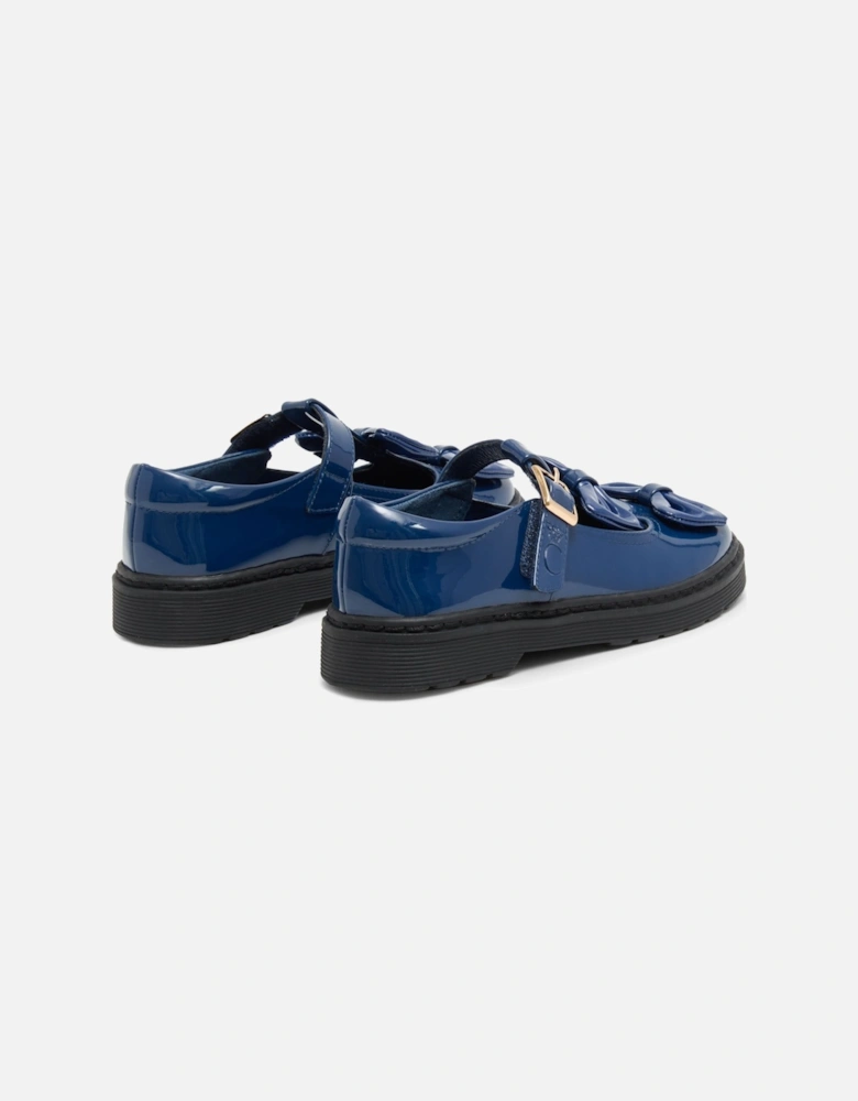 Girls Navy Patent T-Bar Bow Shoes