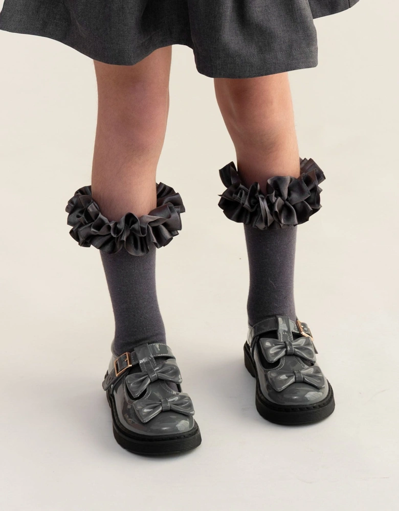 Girls Grey Patent T-Bar Bow Shoes