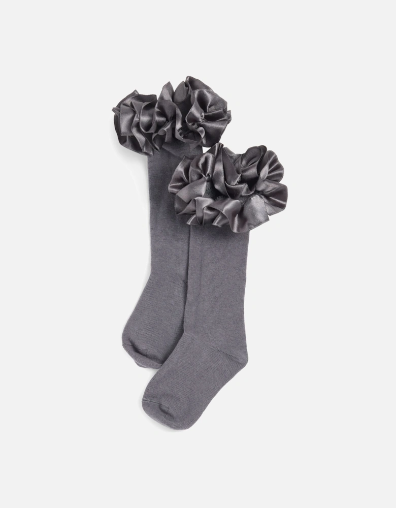 Girls Grey Ribbon Frill Knee Socks