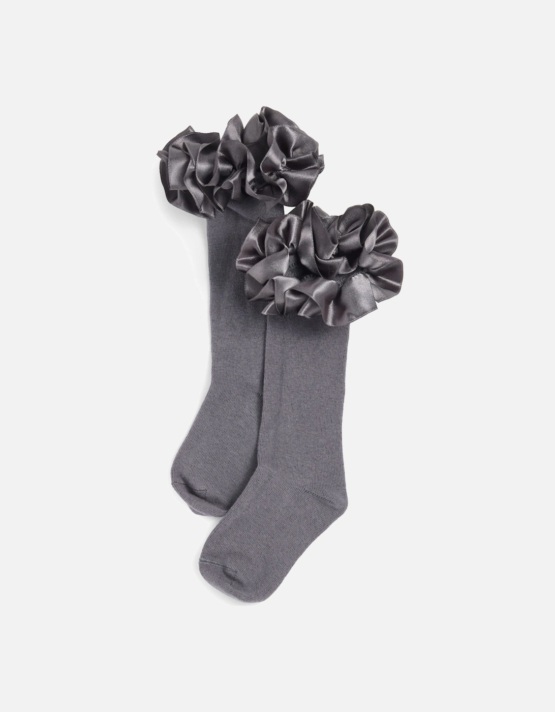 Girls Grey Ribbon Frill Knee Socks