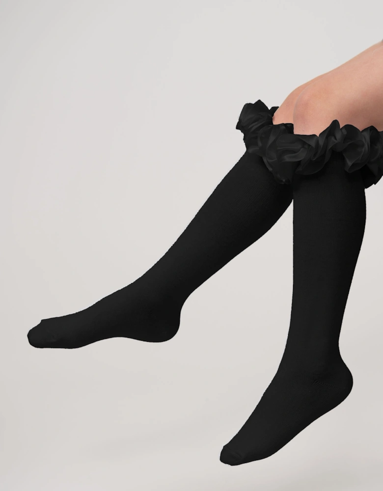 Girls Black Ribbon Frill Knee Socks