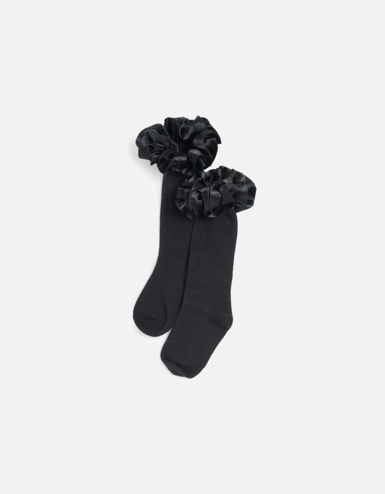 Girls Black Ribbon Frill Knee Socks