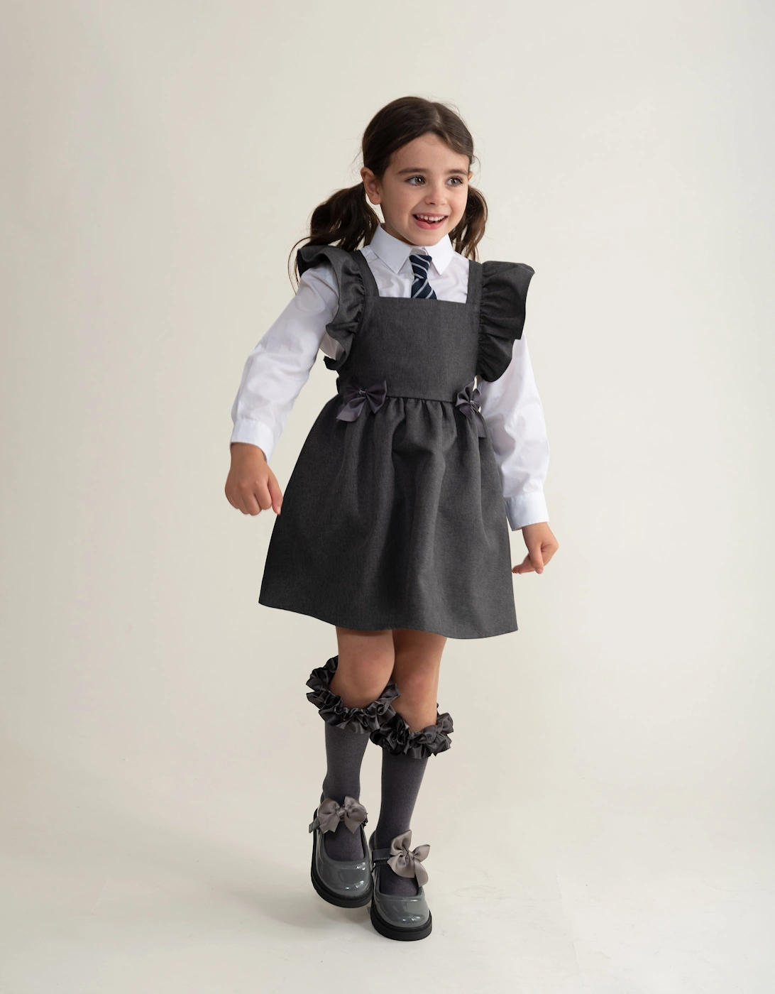 Girls Grey Bow Pinafore Dress, 6 of 5