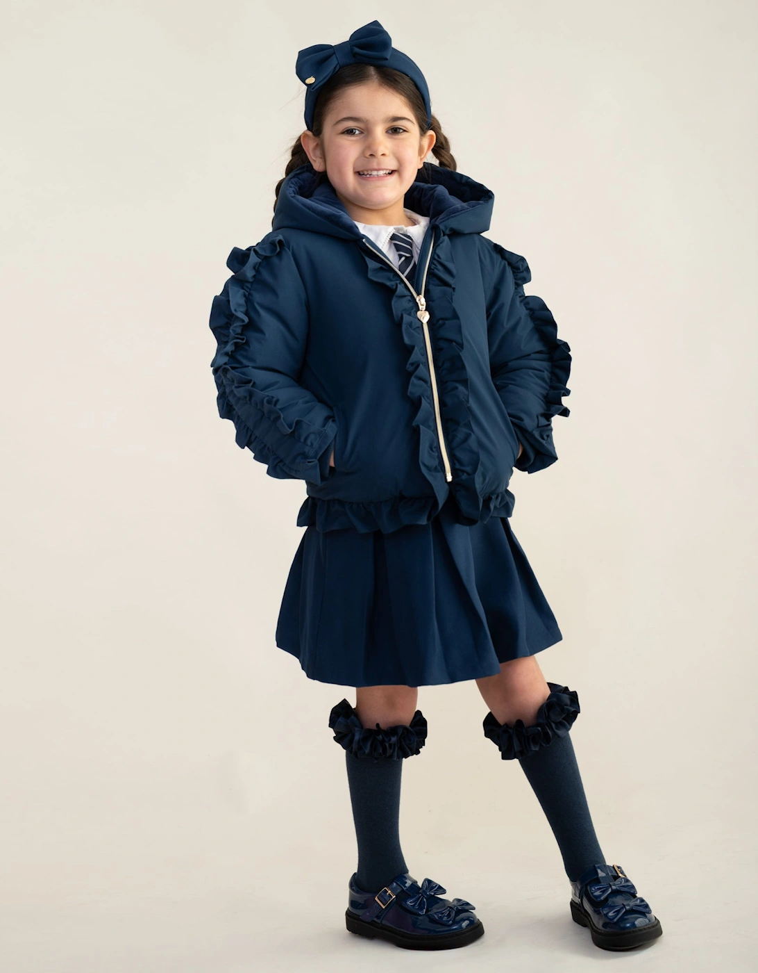 Girls Navy Padded Frill Bomber Coat, 5 of 4