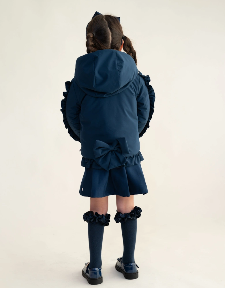 Girls Navy Padded Frill Bomber Coat
