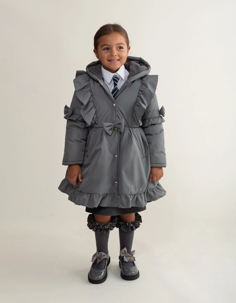 Girls Grey Padded Frill Coat