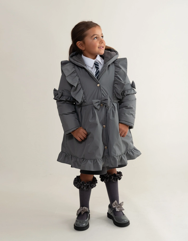 Girls Grey Padded Frill Coat