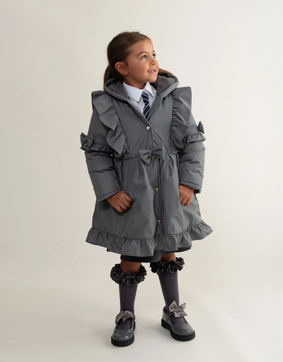 Girls Grey Padded Frill Coat