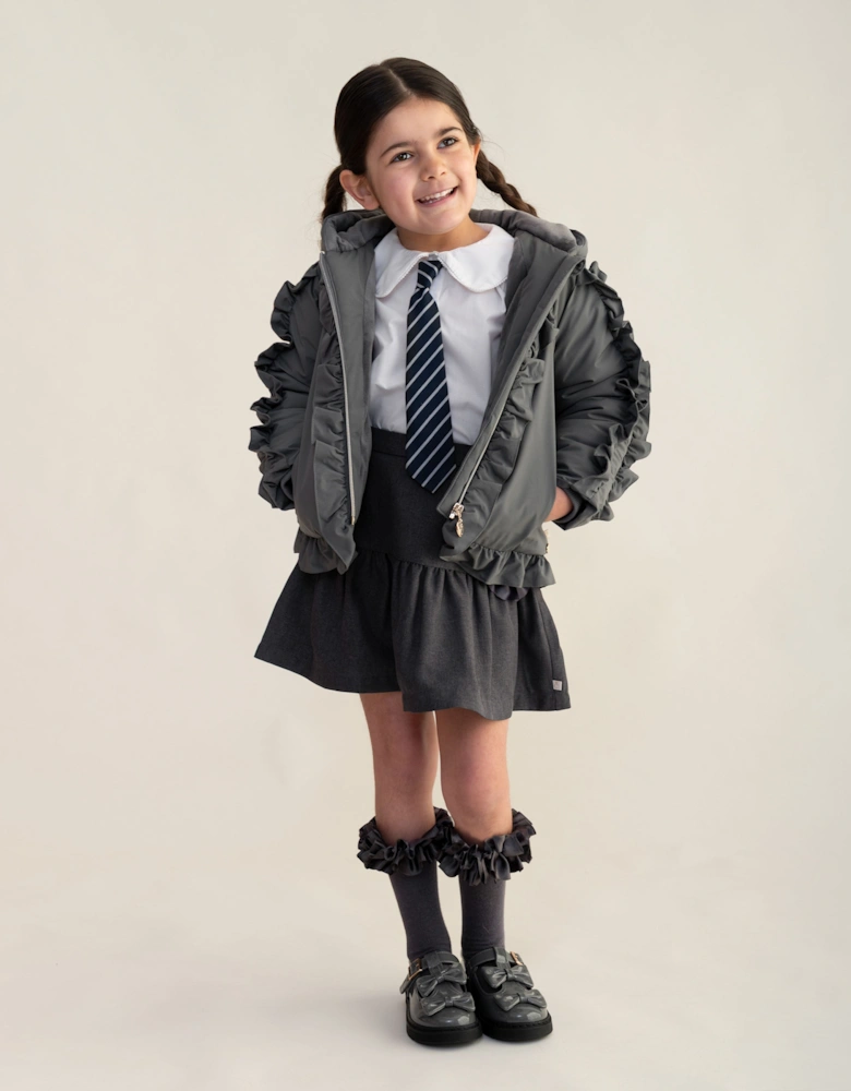 Girls Grey Padded Frill Bomber Coat