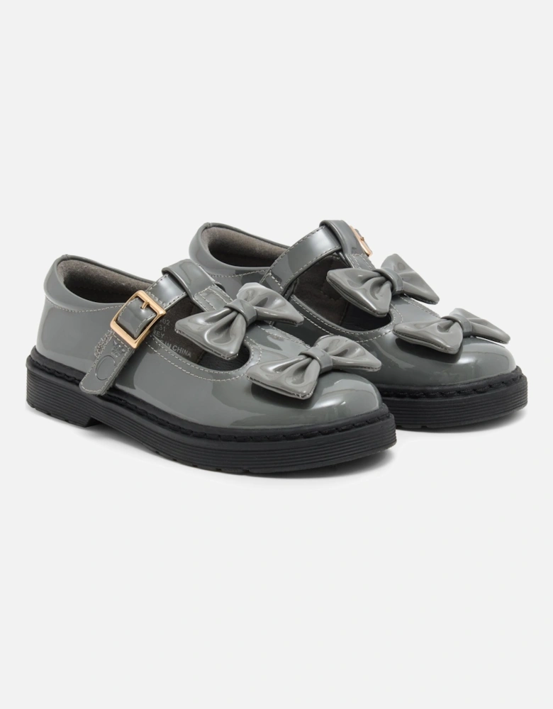 Girls Grey Patent T-Bar Bow Shoes