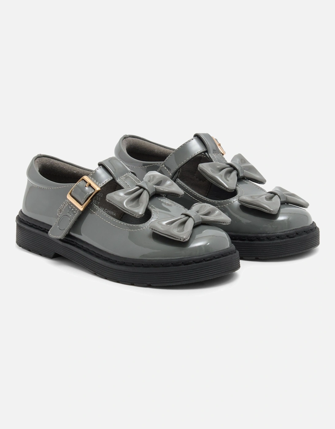 Girls Grey Patent T-Bar Bow Shoes